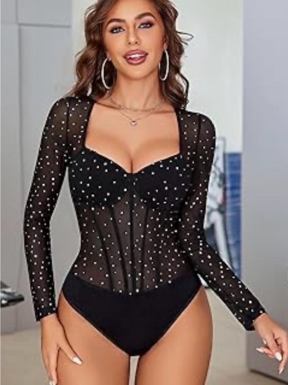 Black Rhinestone Mesh Long-Sleeve Bodysuit